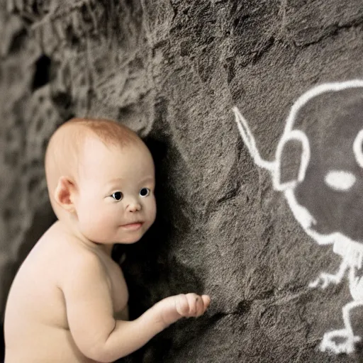 Image similar to caveman drawing of baby yoda, primitive, on a cave wall, chalk