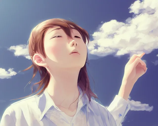 Image similar to teen looking at blue sky, wearing white shirt, back turned, looking up, illustration, by pine ( ハイネ ) and 薯 子 imoko and 香 川 悠 作 and wlop and maya takamura, highly detailed, trending artstation, pixiv, digital art