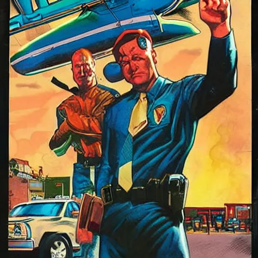 Image similar to comic book cover for'incompetent cops ', art by alex ross