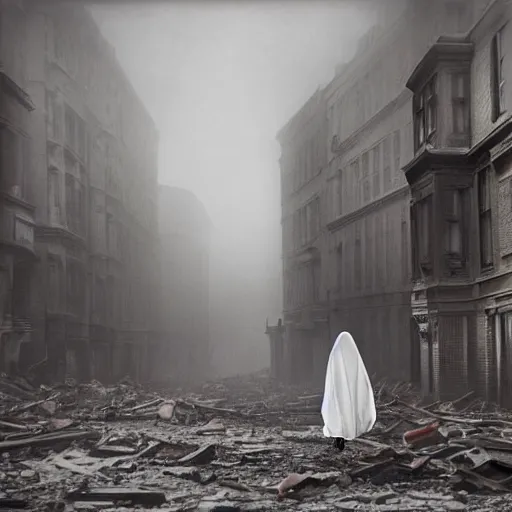 Image similar to ominous bedsheet ghost walking through the center of a destroyed london city, 1 9 2 0's colored pencil, gloomy misty atmosphere, deep aesthetic, symmetrical, full body image, highly ornate intricate details, very sharp photo,