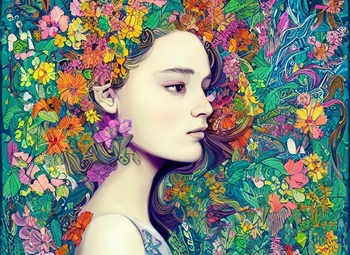 Image similar to a painting of a beautiful young girl with a lot of flowers and plants on its head, poster art by android jones, behance contest winner, generative line art, made of flowers, grotesque, concert poster