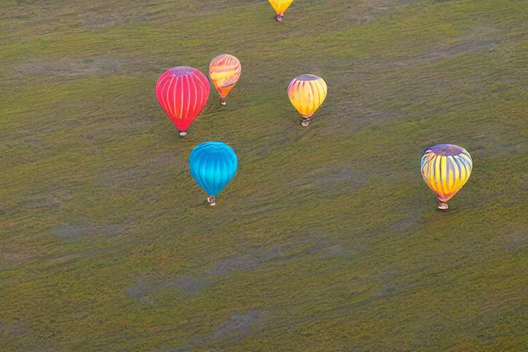 Image similar to aerial photography, lapland, hot air balloons, dusk