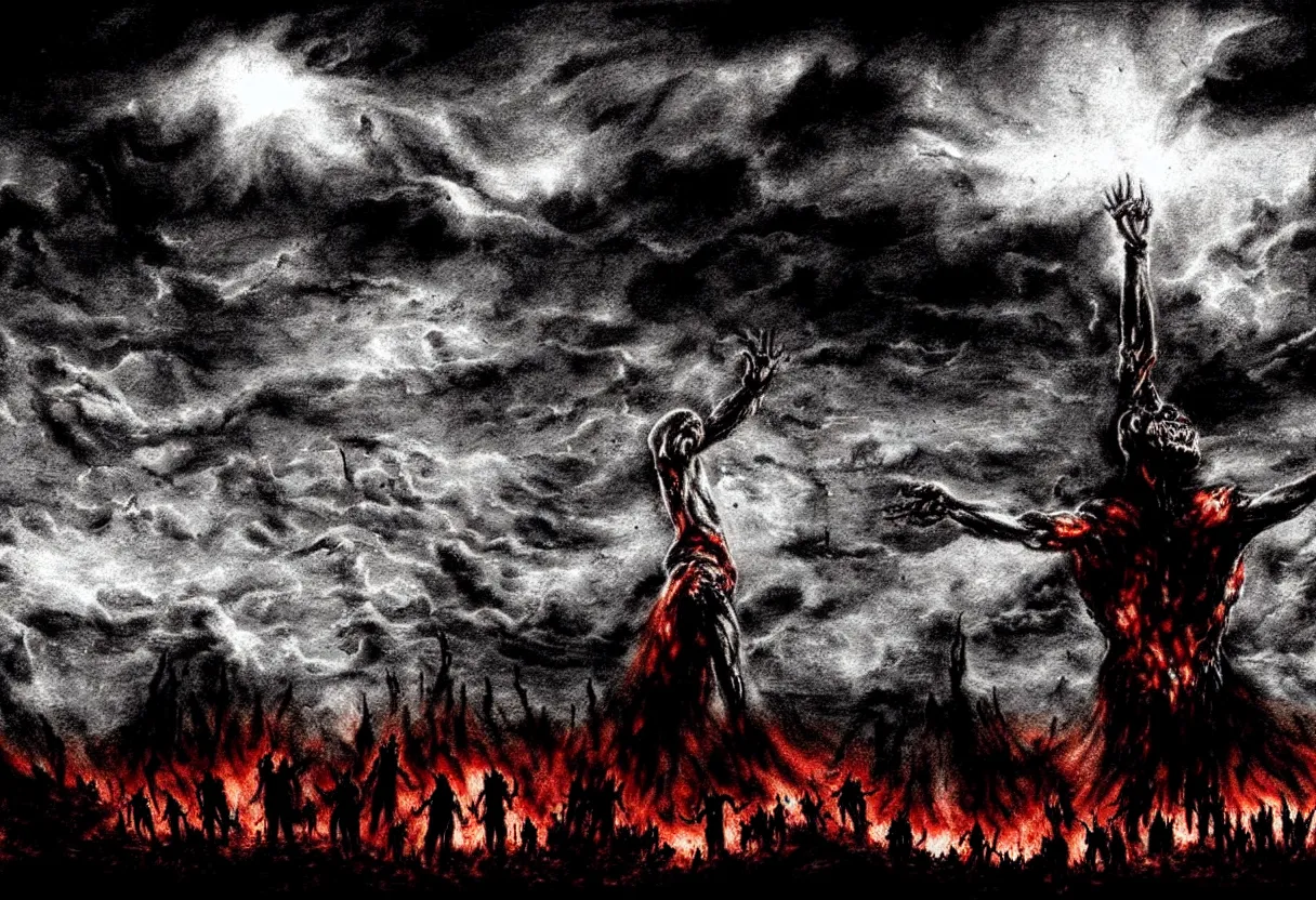 Prompt: dark burning sky with suffering shadows of dead humans with arms outstretched towards the sky, crushed souls under machines of hate, rivers of blood, nuclear waste, hell fire , under the eye of evil and monstruos alien god, blood incantation, revelation of death, radiation, sickness, disease, plague, cinematic lighting, atmospheric, realistic, highly detailed, in the style of peter paul rubens and rembrandt