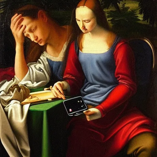 Prompt: Renaissance painting of a grumpy teenager using her Nokia 3310 in the year 2001