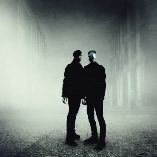 Image similar to glitchart portrait of 2 blurry shadowed leather clad men standing in a brutalist berlin landscape in mist and fog, cinematic magic hour, damaged polaroid