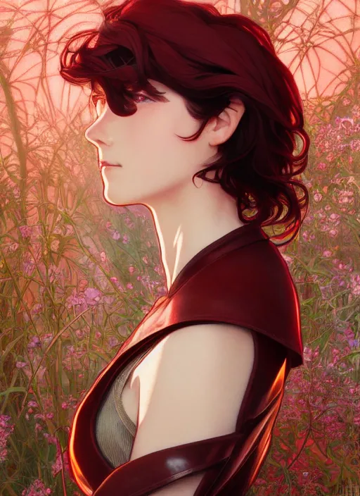 Image similar to pretty young woman with shoulder length shiny shimmering dark red hair and wearing leather suit, path traced, highly detailed, high quality, digital painting, by studio ghibli and alphonse mucha, leesha hannigan, makoto shinkai, disney