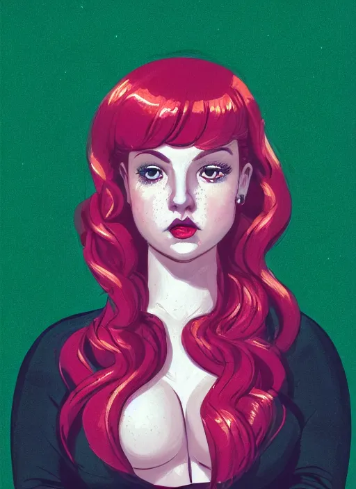 Image similar to full body portrait of teenage cheryl blossom, obese, bangs, green eyes, sultry expression, red hair, sultry smirk, bangs and wavy hair, pink skirt, fat, intricate, elegant, glowing lights, highly detailed, digital painting, artstation, concept art, smooth, sharp focus, illustration, art by wlop, mars ravelo and greg rutkowski