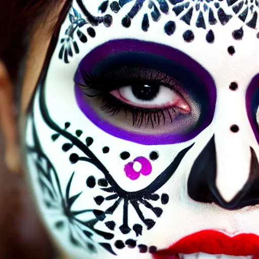 Image similar to an extreme close up photo of a attractive, alluring, beautiful, gorgeous, Mexican female, in her early 20s, wearing sugar skull make up