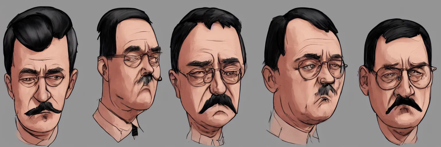 Prompt: colored character face study of tired mike patton and adolf hitler, clear, evil, glasses, calm sleeping, eyes closing, character sheet, fine details, concept design, contrast, kim jung gi, da vinci and pixar, trending on artstation, 8 k, 3 6 0 head, turnaround, front view, back view, ultra wide angle