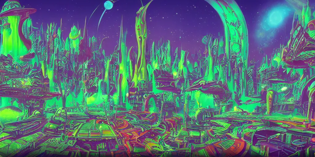 Image similar to a psychedelic retro sci fi city in space by roger dean, digital art, trending on artstation, 4k