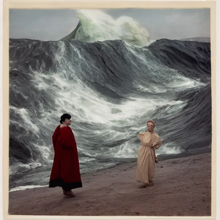 Prompt: a woman wearing wrapped in plastic, standing in front of a giant tsunami wave, color photograph, by john singer sargent, canon eos c 3 0 0, ƒ 1. 8, 3 5 mm, 8 k, medium - format print