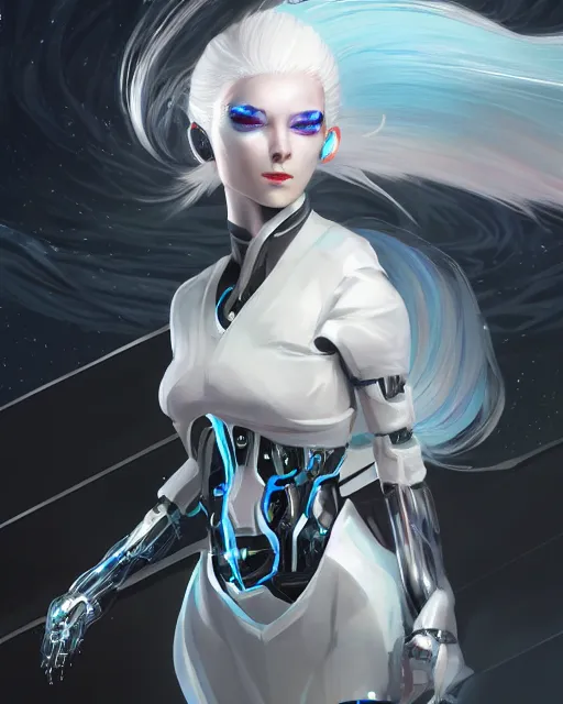 Prompt: cyborg girl with white hair and black skirt, alien hive, mystery, beautiful illustration, scifi, futuristic, radiant, atmosphere, harmony, top lighting, blue eyes, focused, perfect composition, artstation, highly detailed, art by yuhong ding and chengwei pan and serafleur and ina wong