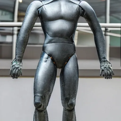 Image similar to a realistic detailed photo of a guy who is an attractive humanoid who is half robot and half humanoid, who is a male android, wrestler daton fix, shiny skin, posing like a statue, blank stare, by the pool, on display, showing off his muscles, humanoid robot, frozen ice statue