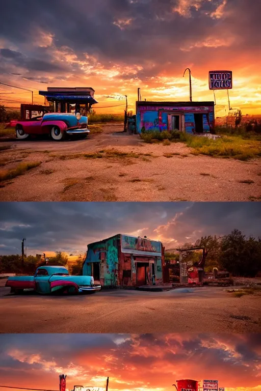 Image similar to a sunset light landscape with historical route 6 6, lots of sparkling details and sun ray ’ s, blinding backlight, smoke, volumetric lighting, colorful, octane, 3 5 mm, abandoned gas station, old rusty pickup - truck, beautiful epic colored reflections, very colorful heavenly, softlight