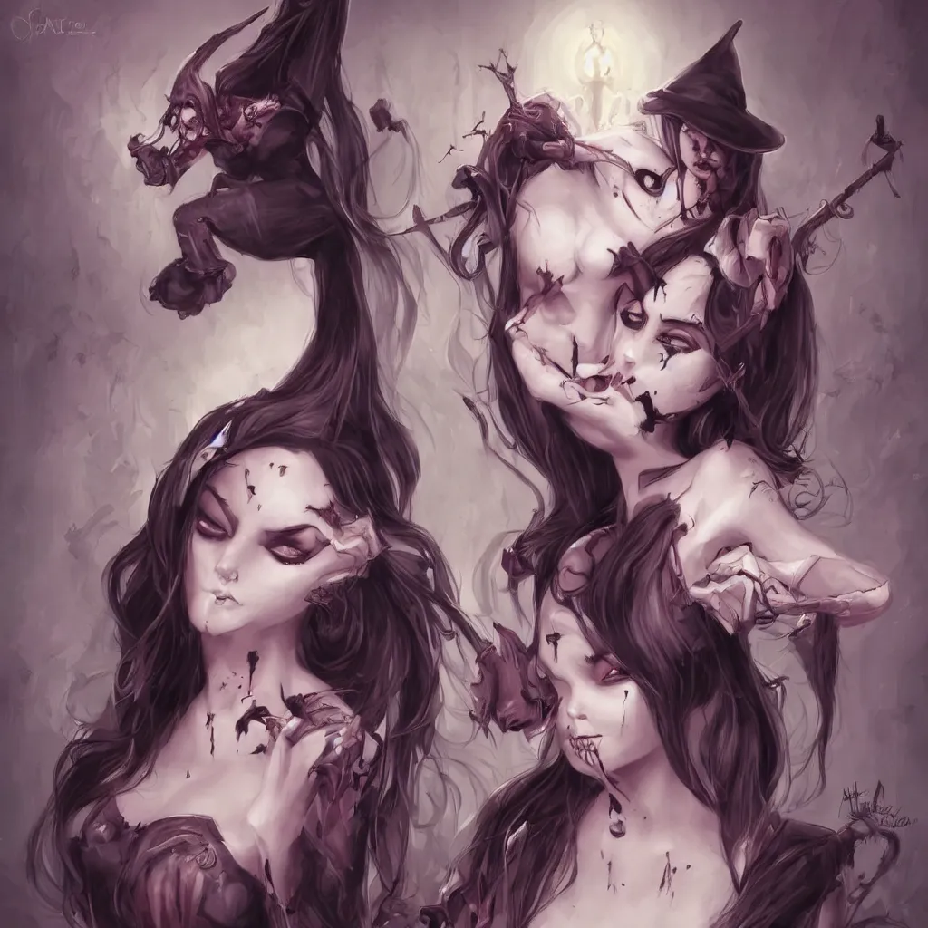 Image similar to a pin up of cute and beautiful undead witch, disney style, fantasy art, art by artgerm