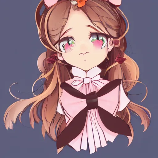 Prompt: 1girl ascot bare_shoulders bow brown_eyes brown_hair close-up floral_background frilled_bow frilled_hair_tubes frills hair_between_eyes hair_bow hair_tubes long_hair orange_ascot pink_background red_bow shirt sleeveless sleeveless_shirt solo