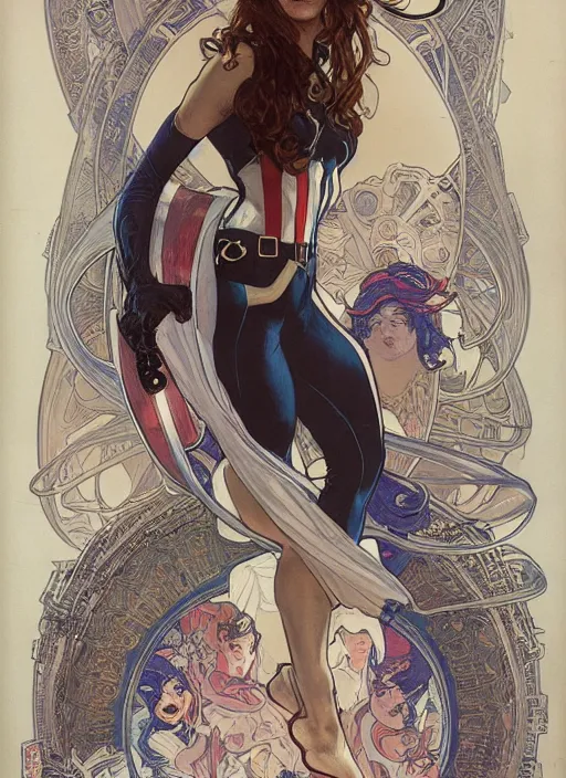 Image similar to slim young woman with a mischievous face and long aubrun wavy hair dressed as superhero in her early twenties, posing with arms tucked behind back, captain america, tight fit, curvaceous, intricate detailed face, amply proportioned, shiny, greg rutkowski, alphonse mucha