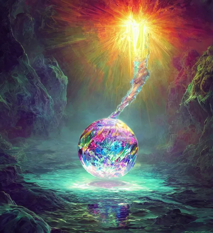 Prompt: a magical and exquisite fantasy illustration of a faceted crystal ball fractal in water + prism + god rays + dramatic lightning + backlit + specular highlights + ambient occlusion + global illumination + bump map + reflective + caustics + refractive + unreal engine 5 + DOF + sharp focus, digital artwork by Dan Mumford and Peter Mohrbacher and Ash Thorp