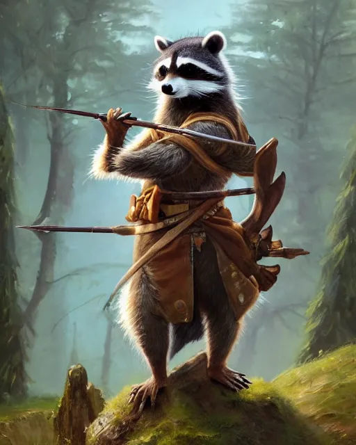 Prompt: oil painting of Anthropomorphized Racoon, holding bow, wearing hunter coat, proud look, full body, sharp focus, fantasy style, octane render, volumetric lighting, 8k high definition, by greg rutkowski, highly detailed, trending on art Station, magic the gathering artwork, woodland backround