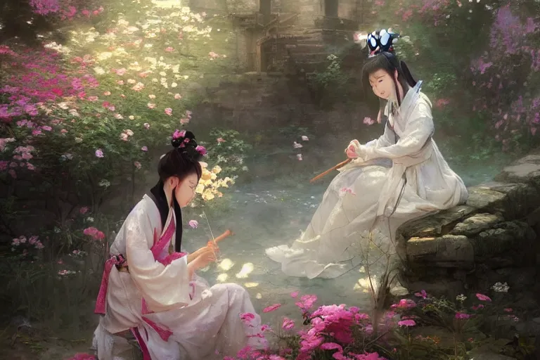 Prompt: a beautiful picture of flowers blooming, a girl in hanfu playing old zither by greg rutkowski and thomas kinkade, trending on artstation