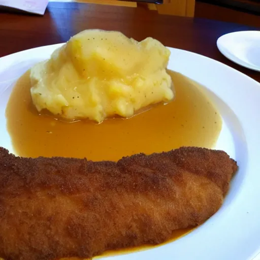 Image similar to schnitzel on orange gravy, mashed potatoes, Michelin star, award winning