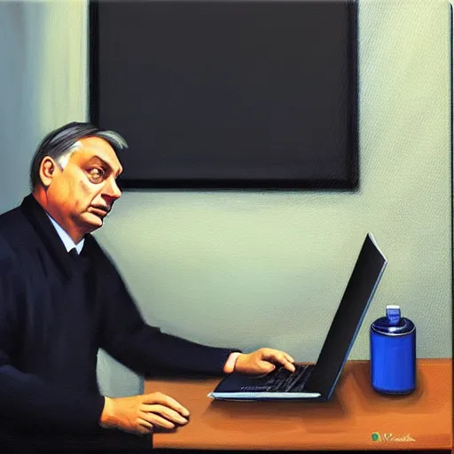 Image similar to viktor orban programming with a laptop in a cubicle, oil painting