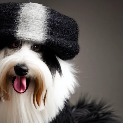 Prompt: closeup photo of a smiling black coton-de-tulear dog with black fur, smoking a pipe and wearing and a fluffy hat, dramatic lighting