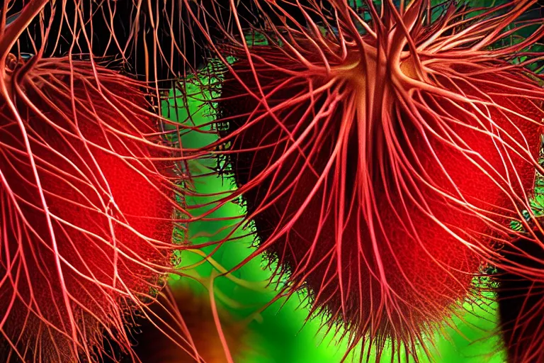 Image similar to jungle of the rambutan, art by ron miller and matthew stawicki and jurgen ziewe, trending on artstation, halfrear lighting microscopic view telephoto lens, cgsociety, final, long exposure, socialist realism