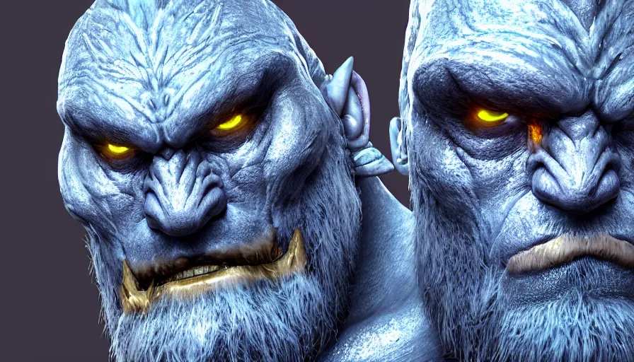 Image similar to a digital art portrait of frost ogre with golden eyes character design from dark souls, world of warcraft frost giant character sheet, 4 k, ultra detail, volumetric lighting, unreal engine, octane render