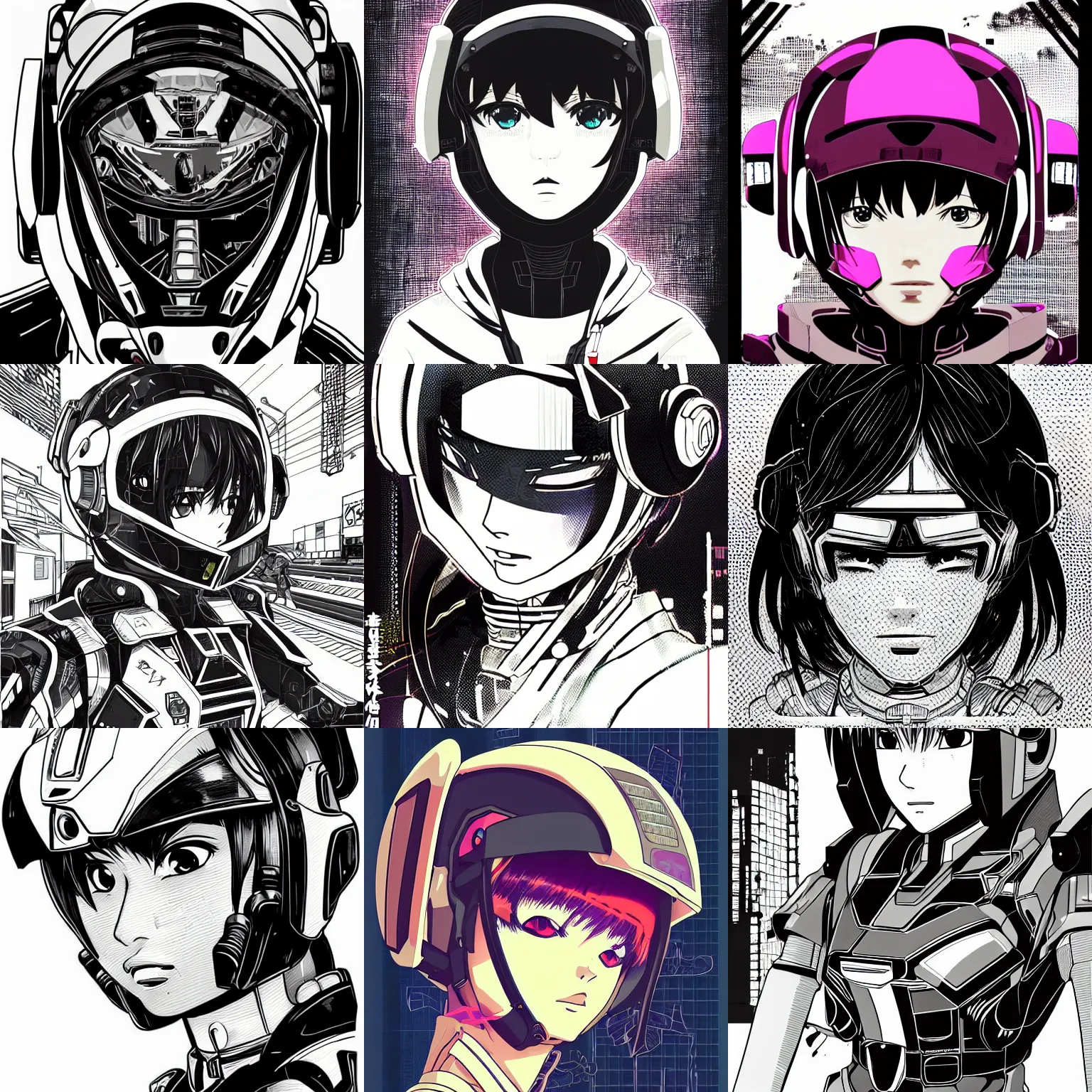 Prompt: vector illustration ink drawing of an anime manga cyberpunk beautiful 👧🏿 gundam pilot portrait with an intricate futuristic urban inspired helmet, hyperrealistic oil painting, by makoto shinkai and ilya kuvshinov and lois van baarle and rossdraws and basquiat, trending on artstation, black and white, halftone gradient background, monochrome color palette,