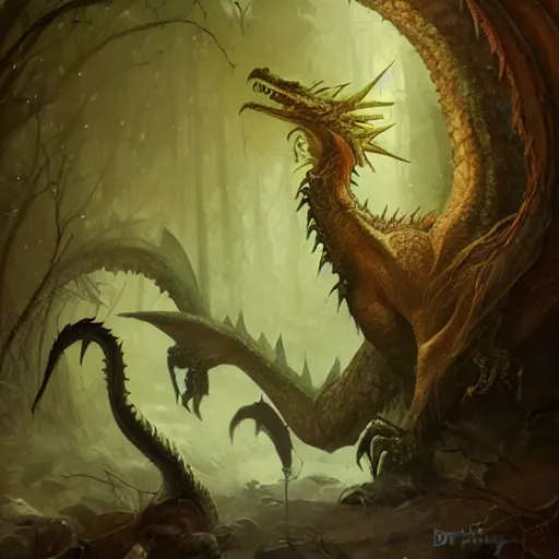 Prompt: oil painting of dragon in cold forest, dnd character, fantasy, magic, realistic textured skin, big lizard head, eagle feather, glowing eyes, clear clean, artgem, boris valejo, goro fujita, frank frazetta, heavy metal style, trending on artstation, digital painting, julie bell, beautiful, very detailed, pixar