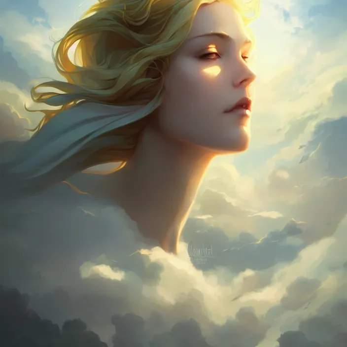 Prompt: style artgerm, joshua middleton, charlie bowater, soft castle in the sky white with gold, majestic spires, clouds swirling, detailed, sky setting, volumetric lighting