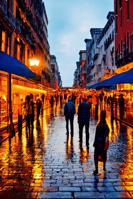 Image similar to crowd of people walking on rainy street at dusk golden hour , hyper-realistic environment, new york , venice