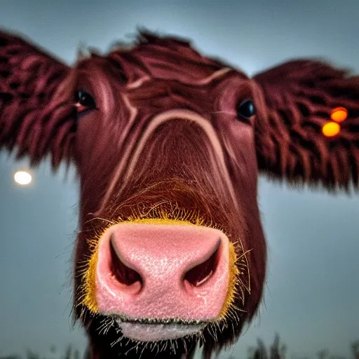 Image similar to ultra - realistic close - up of creepy cow at night, fish - eye - lense, disturbing horror photo