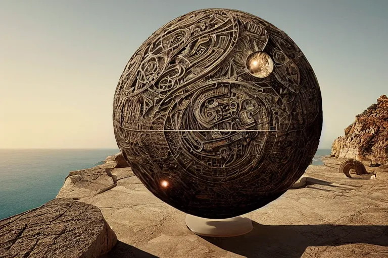 Prompt: old photograph of a gigantic paleolothic sphere made of stone with highly detailed carvings of intricate shamanic robotic electronics and circuits, in a mediterranean lanscape, inside a valley overlooking the sea, by michal karcz, mediterranean island scenery, mediterranean vista