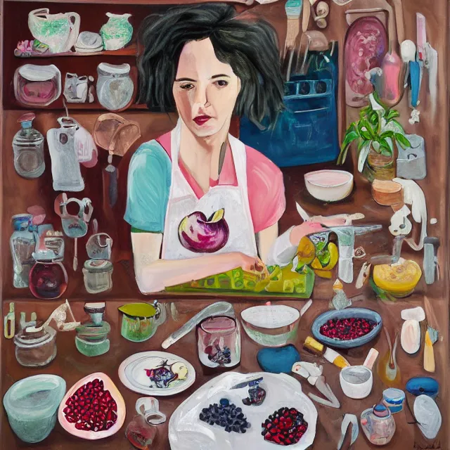 Prompt: a portrait in a female artist's kitchen, a queer woman holding scissors, a pomegranate, brain, surgical equipment, handmade pottery, plants in beakers, feminine, sensual, octopus, squashed berries, pancakes, black underwear, neo - expressionism, surrealism, acrylic and spray paint and oilstick on canvas