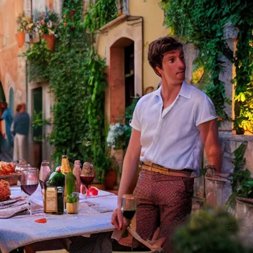 Image similar to scene from romantic comedy set in Tuscany, 4k, film stills photography, colourful,