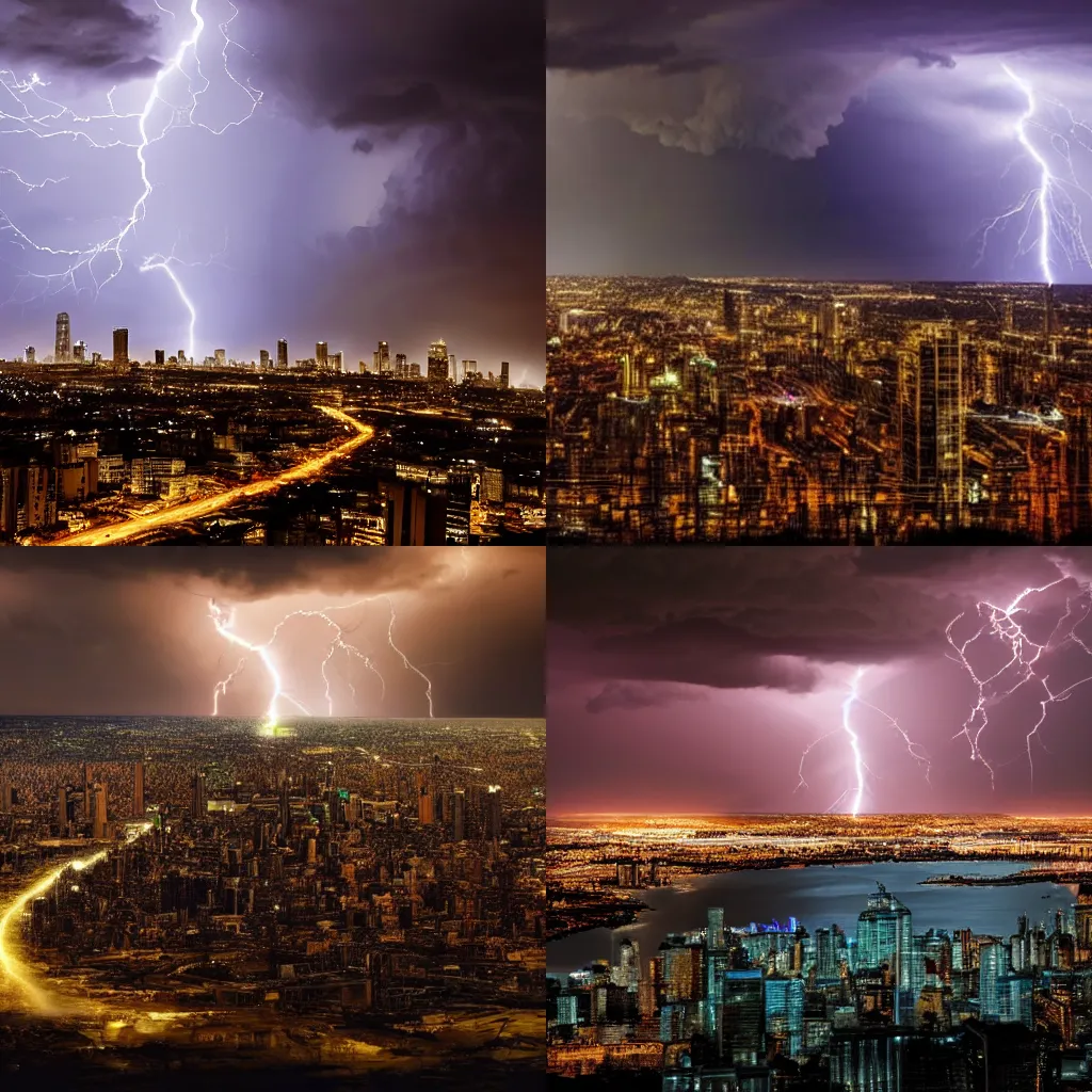 Prompt: a lightning storm is seen over a city at night, a matte painting by jason a. engle, shutterstock contest winner, shock art, national geographic photo, associated press photo, dramatic