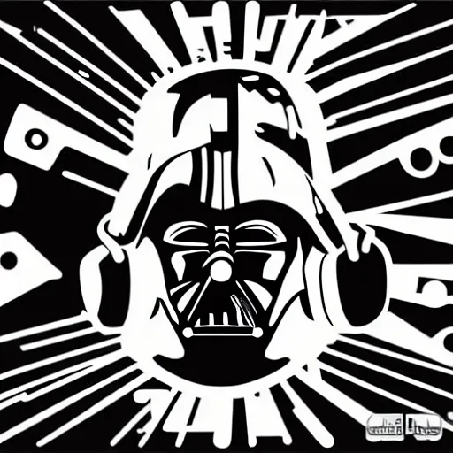 Image similar to svg sticker of a Pop-Wonder Darth-Vader at a rave, spinning records, giant headphones rocking out, wearing headphones, huge speakers, dancing, rave, DJ, spinning records, digital art, amazing composition, rule-of-thirds, award-winning, trending on artstation, featured on deviantart