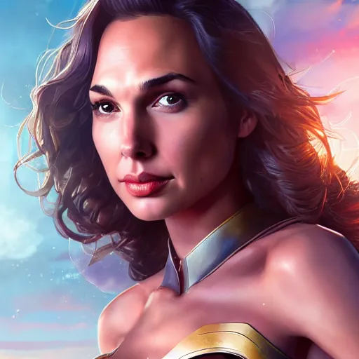 Image similar to a close up face of gal gadot as Kara Zor-El from Kryptonian planet by Stanley Artgerm Lau, WLOP, Rossdraws, James Jean, Andrei Riabovitchev, Marc Simonetti, Yoshitaka Amano, ArtStation, CGSociety, Full body shot