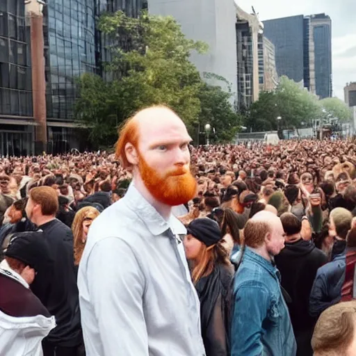 Prompt: a 7 foot tall, ginger, balding man walking among the crowd