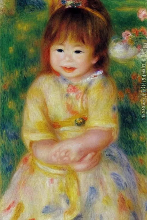 Prompt: a portrait of one Japanese cute baby girl smiling, under the sun, summer, happy, elegant, fantasy, art by Pierre-Auguste Renoir
