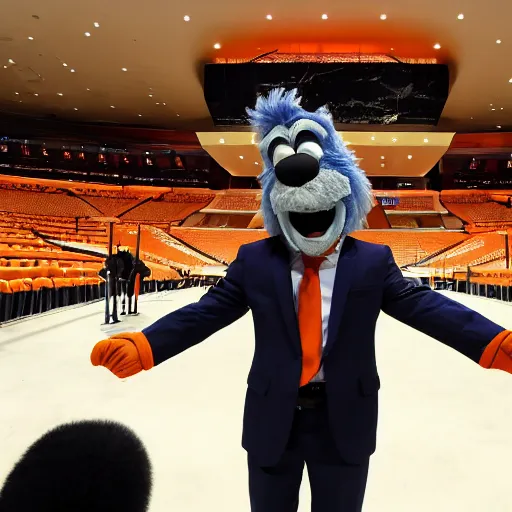 Image similar to Gritty the Philadelphia Flyers mascot delivering a speech at the United Nations