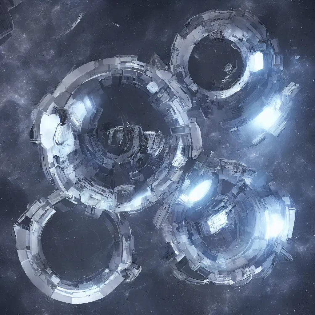 Prompt: a torus shaped space station made of white metal, view from above, endless cosmos in the background, 8K resolution, unreal engine, realistic, highly detailed, digital painting, artstation, concept art, illustration