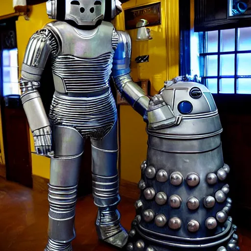 Prompt: a cybermen is getting very drunk with a dalek in a traditional british pub