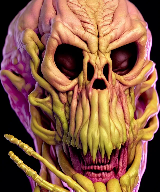 Image similar to hyperrealistic rendering, cronenberg flesh monster skeletor by art of skinner and richard corben and jeff easley, product photography, action figure, sofubi, studio lighting, colored gels