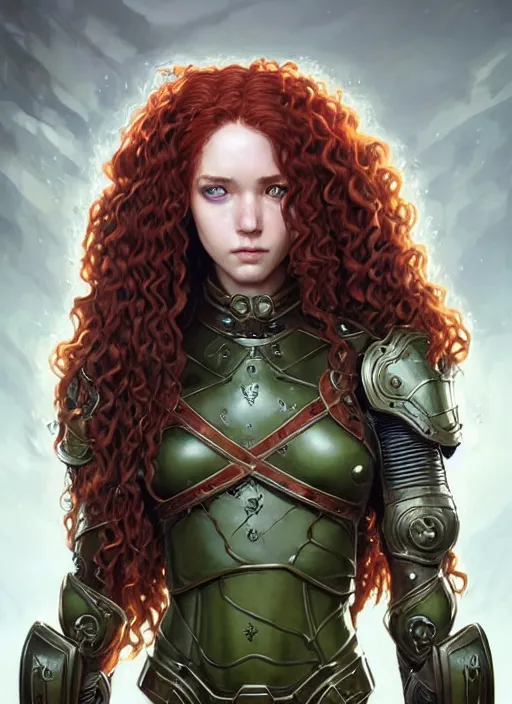 Image similar to ranger, light armor!!! long curly red hair!! covered chest!!! green eyes, fantasy, d & d, intricate ornate details, digital painting, pretty face!!, symmetry, concept art, sharp focus, illustration, art by artgerm! greg rutkowski magali villeneuve wlop! ilya kuvshinov!!, octane render