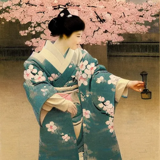 Image similar to A beautiful conceptual art of a young woman in a traditional kimono, with a background of sakura blossoms. by Giuseppe de Nittis rigorous, balmy