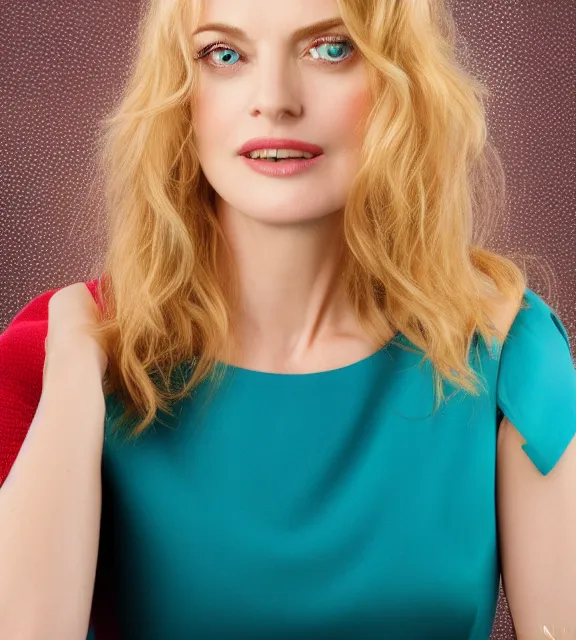 Image similar to beautiful portrait photo of Heather Graham, slight smile, 85mm, teal studio backdrop, Getty images