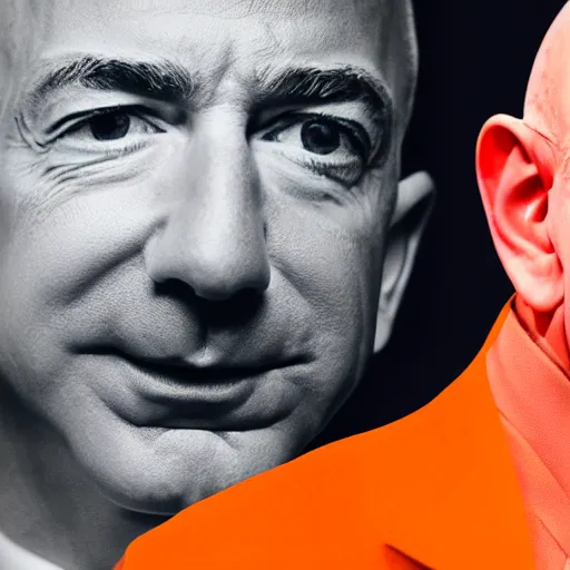 Image similar to Jeff Bezos by Jeff Koons, zoomed out, orange backgorund, pastel colours, 4k, 8k, pleasent composition, minimalistic